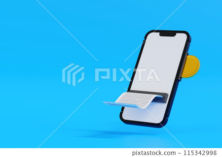 Insert coin into smartphone with paper bill payment transaction on screen, online shopping, 3D 115342998