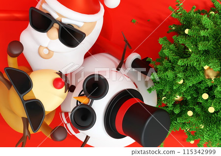 Happy Santa Claus snowman cheer up and raise hand up, merry Christmas, 3D rendering. Happy Santa Claus snowman cheer up and raise hand up, merry Christmas, 3D rendering. 115342999