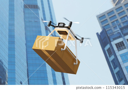 Drone delivering parcel box in urban city, futuristic express delivery, 3D rendering. Drone delivering parcel box in urban city, futuristic express delivery, 3D rendering. 115343015