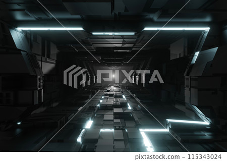 Sci-fi tunnel with glowing neon light, graphic for technology concept, 3D rendering. 115343024