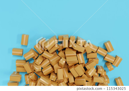 Stack of cardboard parcel box overflow, shopping delivery shipping logistic business, 3D rendering. Stack of cardboard parcel box overflow, shopping delivery shipping logistic business, 3D rendering. 115343025