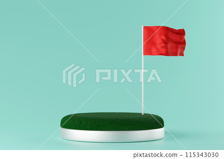 Green grass podium with red flag for product show, 3D rendering. 115343030