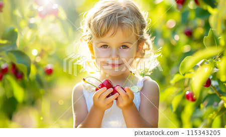 A young child enjoying cherries in a lush orchard 115343205