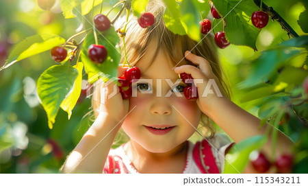 A young child enjoying cherries in a lush orchard 115343211
