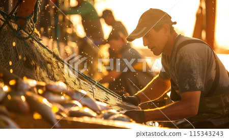 A group of fishermen is on a big boat in the sea. They are taking fish out of the nets, pulling them up one by one. Hardworking fishermen are hauling in their catch form the nets Generative AI. 115343243