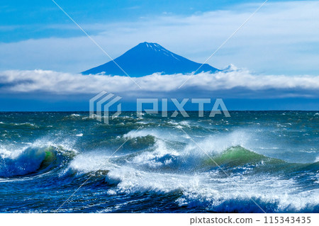 Mount Fuji and big waves floating in the sea of clouds over Suruga Bay, seen from Omaezaki Coast 115343435