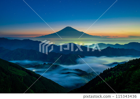 Mount Fuji and the sea of clouds at dawn as seen from Shimizu Yoshiwara in early summer 115343436