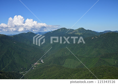 Tsurugiyama and Jiro-oi from Miune, said to be the most beautiful mountain in Shikoku 115343516