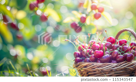 新鮮的紅櫻桃、季節的祝福和櫻桃採摘的形象 115343547