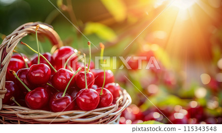 新鮮的紅櫻桃、季節的祝福和櫻桃採摘的形象 115343548
