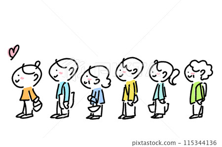 Smiling people queuing up, men and women of all ages, lining up, large numbers, shopping, Comiket, simple and cute line drawing illustration Smiling people queuing up, men and women of all ages, lining up, large numbers, shopping, Comiket, simple and cute line drawing illustration 115344136