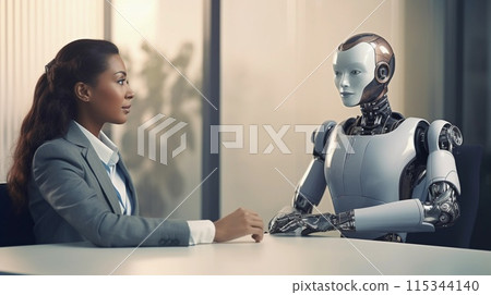 Futuristic job interview. Young black woman HR hiring AI robot applicant. Recruitment. AI Generated 115344140