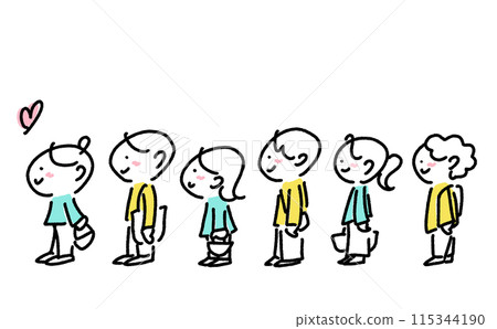 Smiling people queuing up, men and women, lining up, large group, shopping, Comiket, simple and cute line drawing illustration Smiling people queuing up, men and women, lining up, large group, shopping, Comiket, simple and cute line drawing illustration 115344190