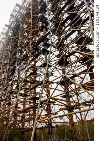 Duga, a Soviet over-the-horizon (OTH) radar system as part of the Soviet anti-ballistic missile early-warning network, in Chernobyl Exclusion Zone in Ukraine 115344324
