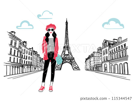 時尚巴黎女孩手繪法國城市景觀 115344547