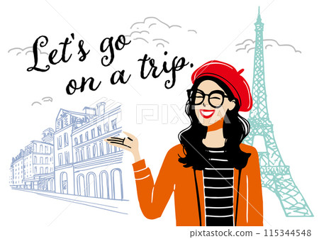 Stylish Parisian girl, French streetscape hand-drawn Stylish Parisian girl, French streetscape hand-drawn 115344548