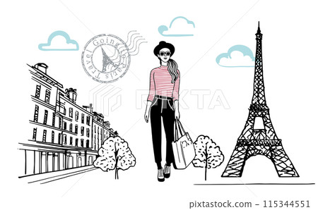Stylish Parisian girl, French streetscape hand-drawn 115344551