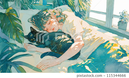 Woman taking a nap with a cat 115344666