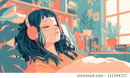 Woman sleeping while listening to music with headphones Woman sleeping while listening to music with headphones 115344721
