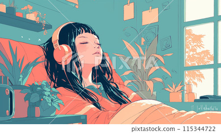 Woman sleeping while listening to music with headphones Woman sleeping while listening to music with headphones 115344722