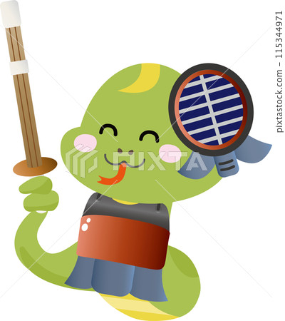 Illustration of a smiling snake wearing kendo gear 115344971