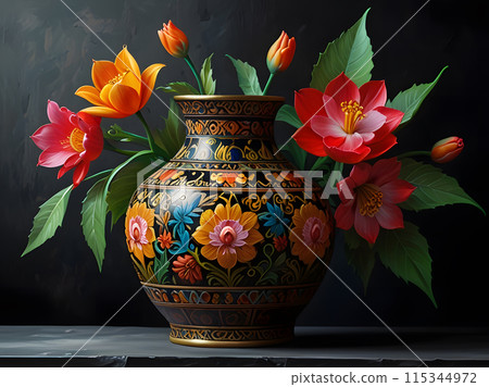 Beautiful flowers in a patterned vase. 115344972