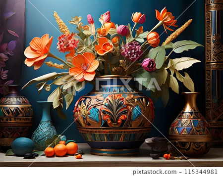 Beautiful flowers in a patterned vase. 115344981