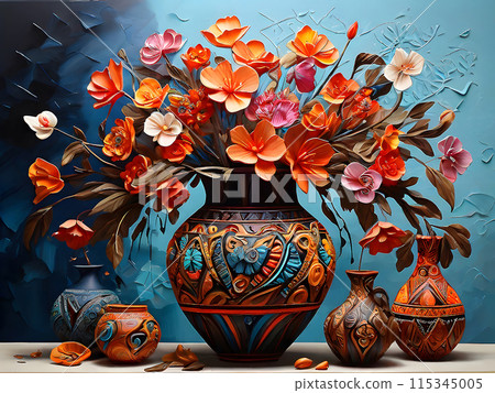 Beautiful flowers in a patterned vase. 115345005