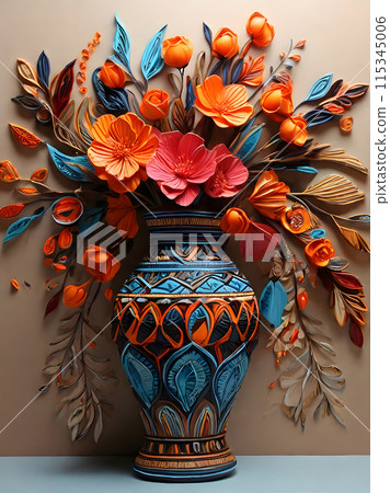 Beautiful flowers in a patterned vase. 115345006