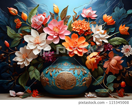 Beautiful flowers in a patterned vase. 115345008