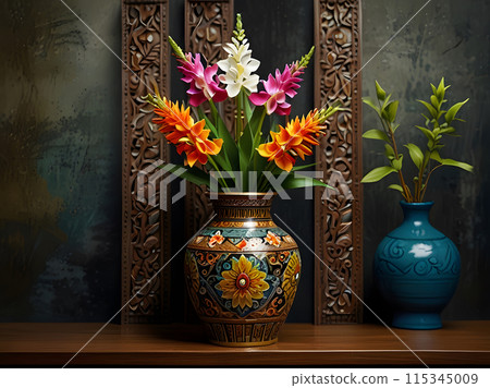 Beautiful flowers in a patterned vase. 115345009