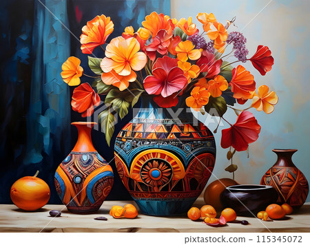 Beautiful flowers in a patterned vase. 115345072