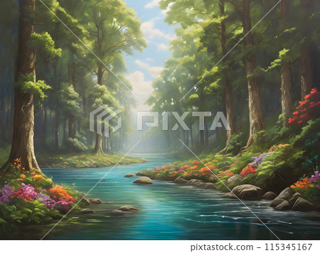 Forest and stream Vintage oil painting. 115345167