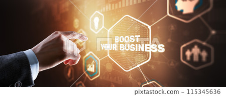 Boost Your Business 2024. Businessman touching finger virtual screen 115345636