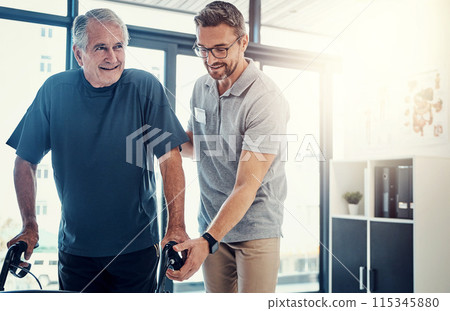 Hospital, senior man and nurse with help, rehabilitation and physiotherapist with ward assistant. People, patient and medical with professional, wellness and recovery with healing, support and walker 115345880