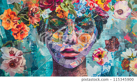 A woman's face is surrounded by flowers and leaves 115345900