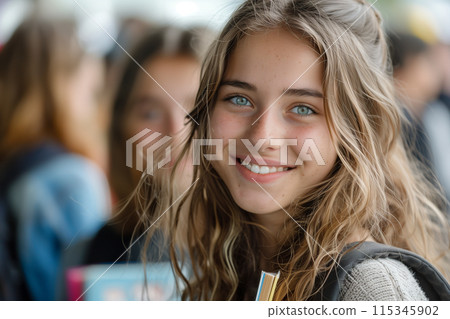 Smiling Teenage Girl With Long Blonde Hair Holding Books Outdoors 115345902