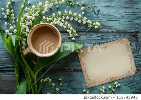 Good Morning Coffee With Lily of the Valley and a Blank Card on a Blue Wooden Table Good Morning Coffee With Lily of the Valley and a Blank Card on a Blue Wooden Table 115345948