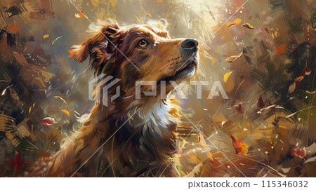 A dog is looking at the camera in a painting of autumn leaves A dog is looking at the camera in a painting of autumn leaves 115346032