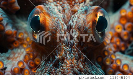 A close up of an octopus eye with a blurry background 115346104