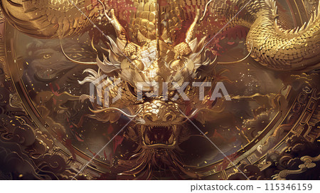 A gold and red dragon with a menacing look on its face 115346159