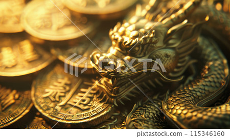 A gold dragon is sitting on top of a pile of gold coins 115346160