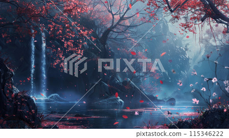 A beautiful forest with a waterfall and a river 115346222