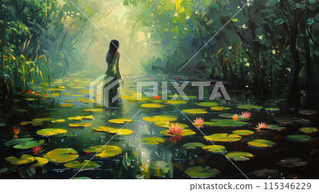 A woman is standing in a pond with lilies 115346229