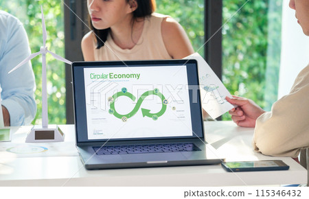 ESG ( environment, social,governance) recycle sign on laptop screen with carbon free chart board in office 115346432