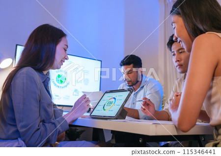 diversity team discusstion about esg and eco friendly system planning in sustainable green office at night 115346441