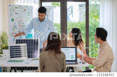 Diversity team presentation new design solar cell panel renewable energy innovation at office 115346455