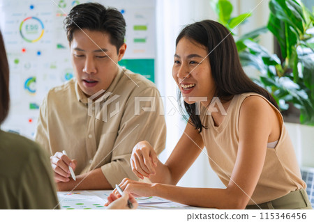 diversity team brainstorming discussion focused on ESG (environment,social,governance)  for sdgs goals in a sustainable green office 115346456