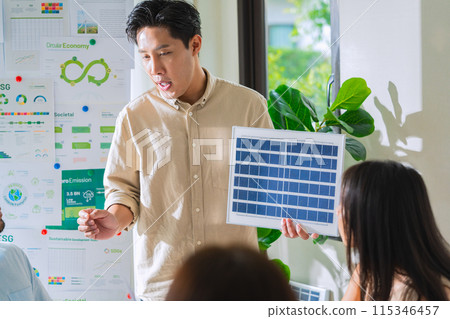 Diversity team presentation new design solar cell panel renewable energy innovation at office 115346457