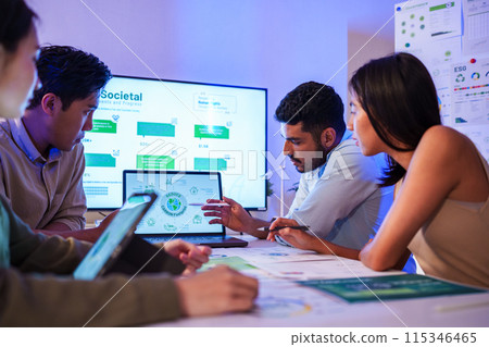 diversity team brainstorming focused on ESG (environment,social,governance)  and renewable energy to reduce pollutions in a sustainable green office at night 115346465